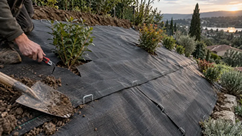 Toile de paillage sur un talus : ancrez le haut avant de fixer la pente