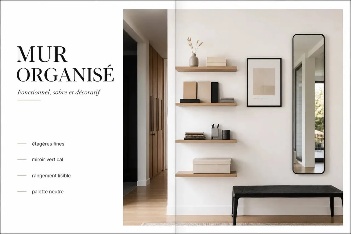 Décorer un mur blanc dans un bureau ou une entrée avec étagères et miroir