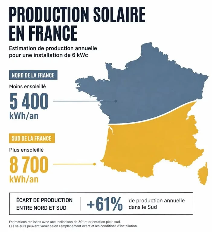 Carte de la production annuelle d'un panneau solaire 6 kW selon la région en France