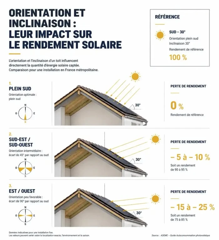 Schéma d'orientation de toiture et rendement panneau solaire 6 kW selon l'inclinaison et l'exposition