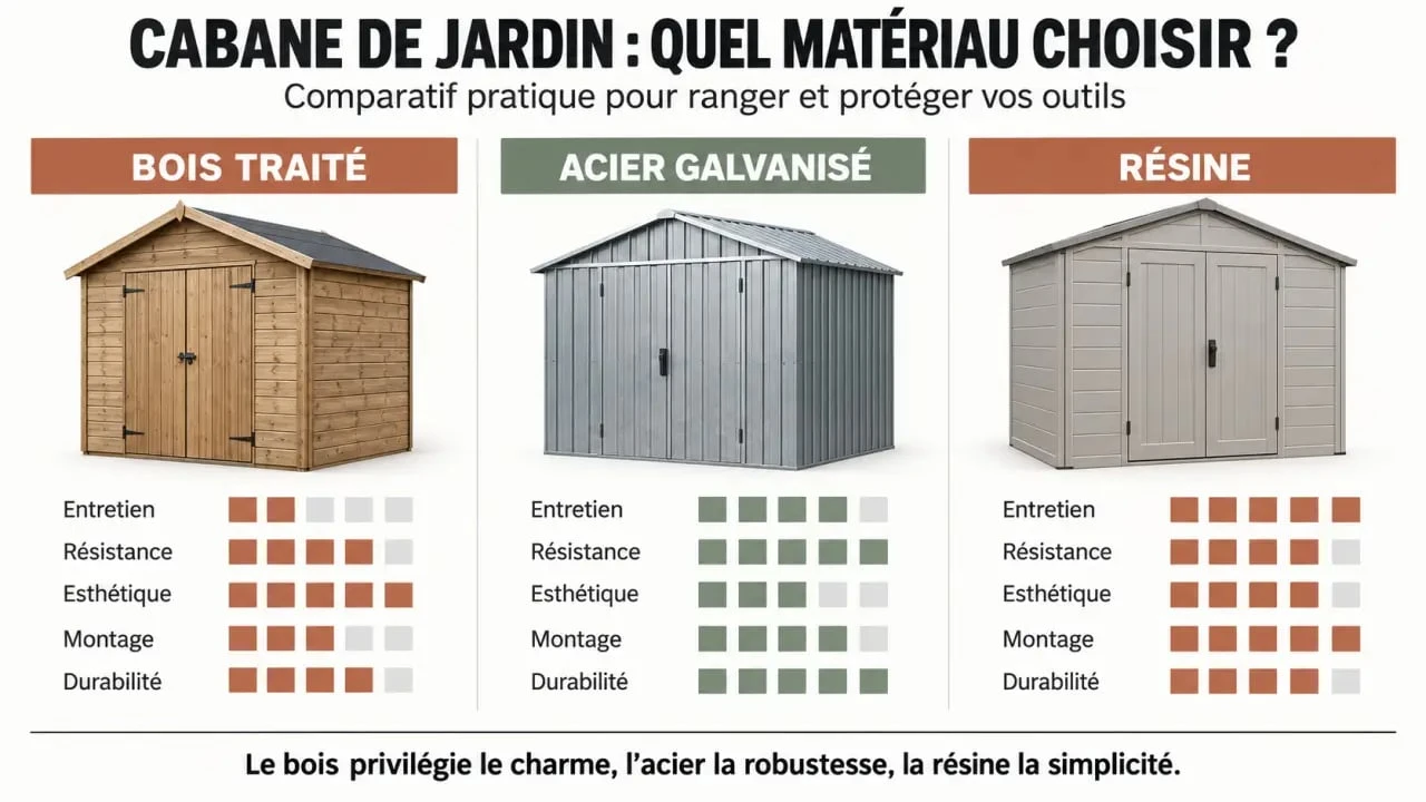 Comparatif visuel des matériaux pour une cabane à outil de jardin en bois, métal ou résine