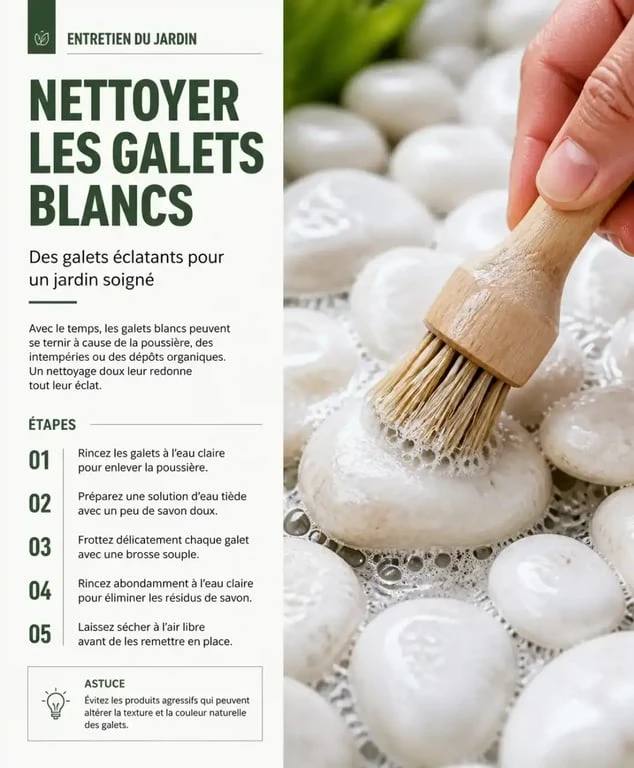 Nettoyage manuel de galets blancs avec une brosse souple et de l'eau savonneuse