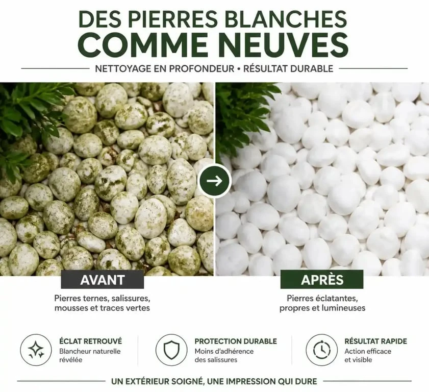 Avant et après le nettoyage de galets blancs de jardin pour retrouver leur éclat
