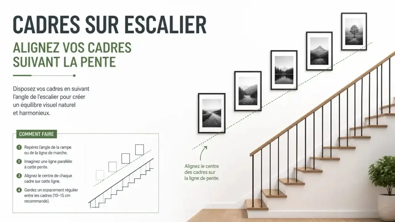 Disposition cadre mural suivant la pente d'un escalier pour un rendu professionnel