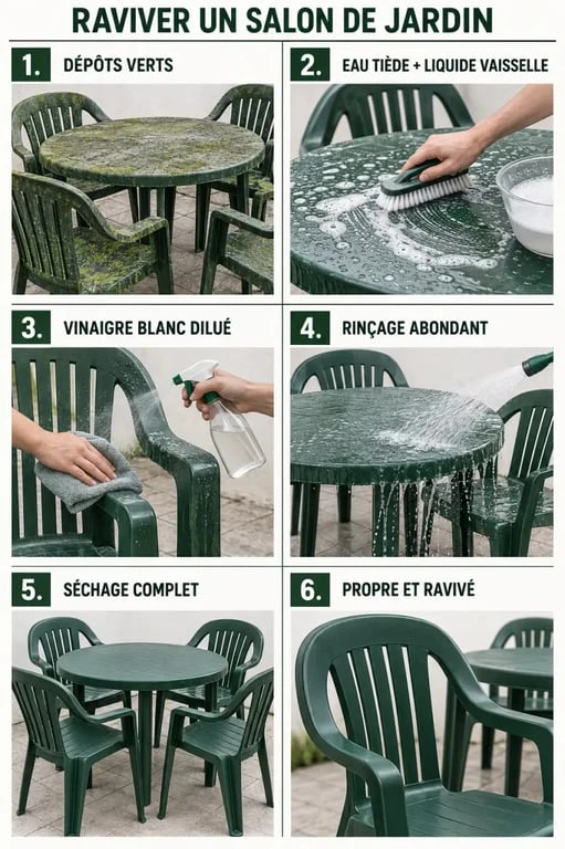Étapes pour raviver un salon de jardin en plastique vert avec nettoyage, rinçage et séchage