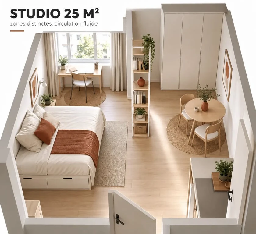 Aménagement studio 25m2 IKEA avec coin nuit, bureau et rangements optimisés