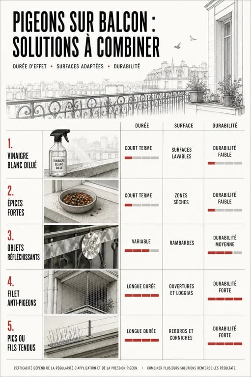 Recette de grand mere pour faire fuir les pigeons : comparatif visuel des solutions naturelles et durables pour balcon, terrasse et rebords de fenêtre