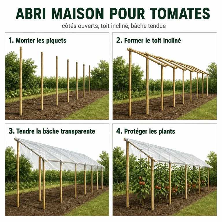 Abri tomates fait maison en 4 étapes avec toit incliné et bâche transparente