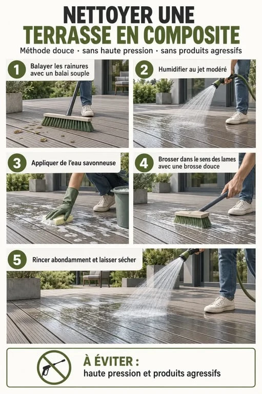 Étapes pour nettoyer une terrasse en composite avec une brosse douce et de l’eau savonneuse