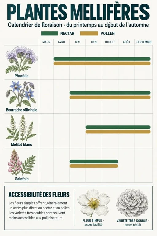 Calendrier des plantes mellifères par saison avec nectar et pollen