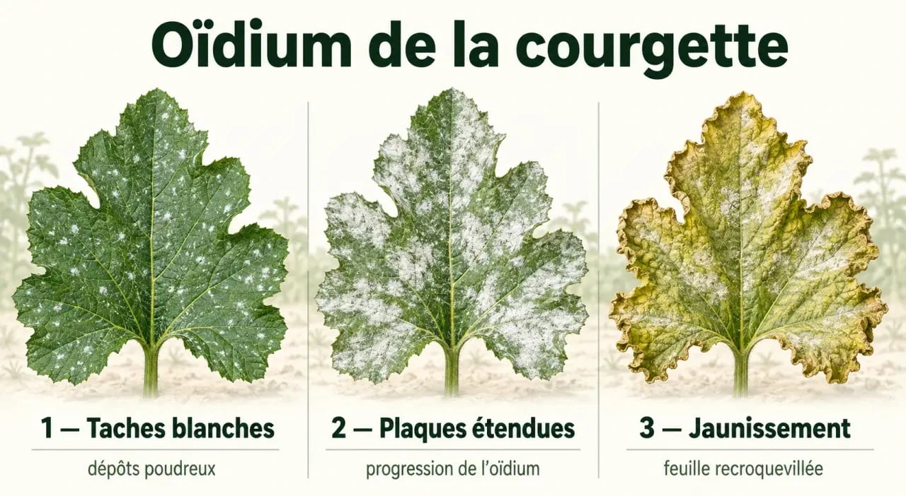 Oïdium courgette : évolution des symptômes sur les feuilles de courgette