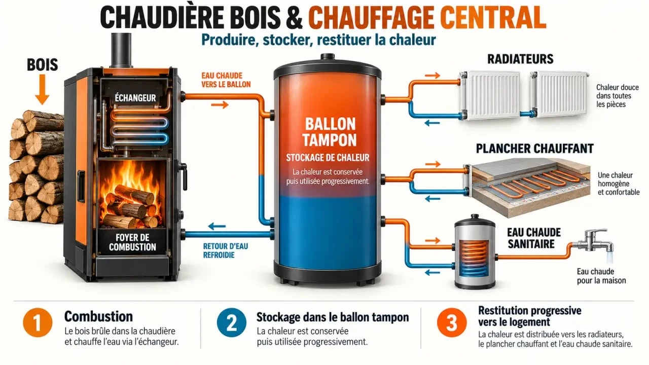 Schéma du fonctionnement d'une chaudière bois avec ballon tampon et chauffage central