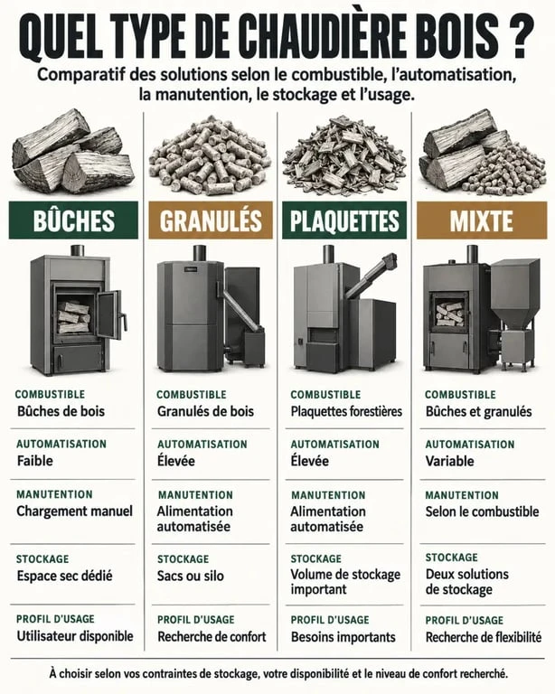 Infographie comparative des types de chaudière bois, bûches, granulés, plaquettes et mixte