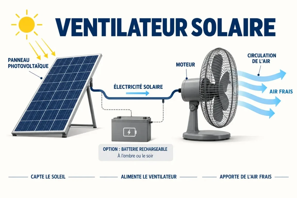 Schéma du fonctionnement d’un ventilateur panneau solaire avec panneau photovoltaïque et batterie