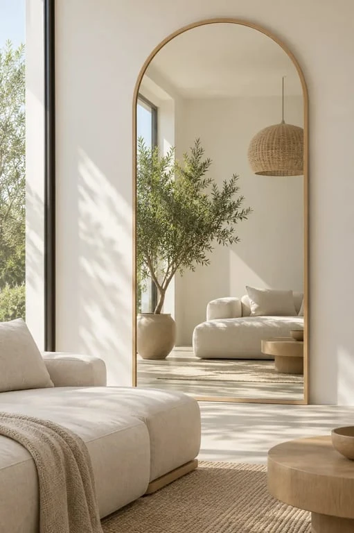 Décorer un grand mur de salon avec un miroir qui agrandit la pièce