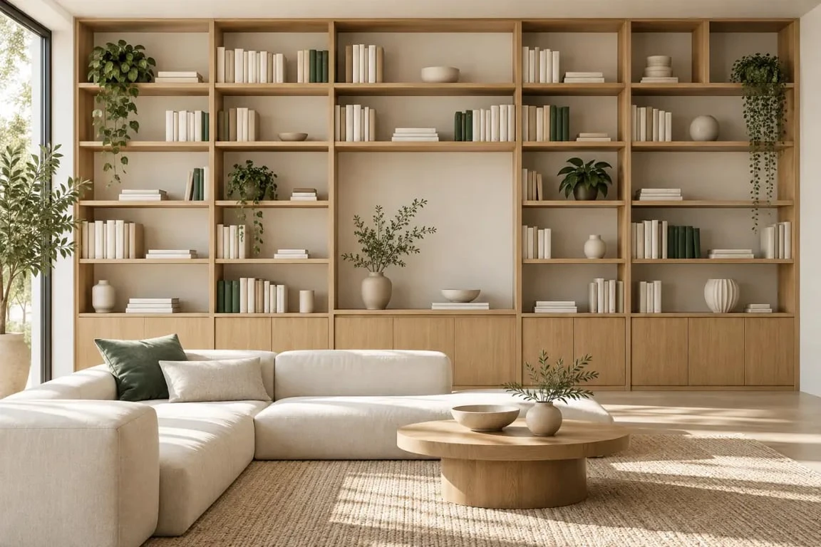 Décorer un grand mur de salon avec une bibliothèque et des rangements