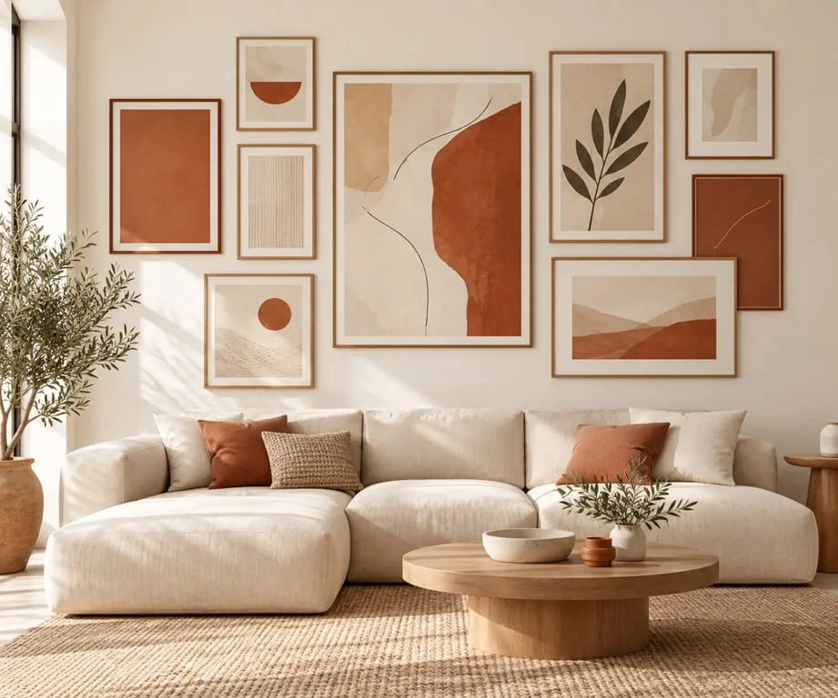 Idée pour décorer un grand mur de salon avec une composition de cadres