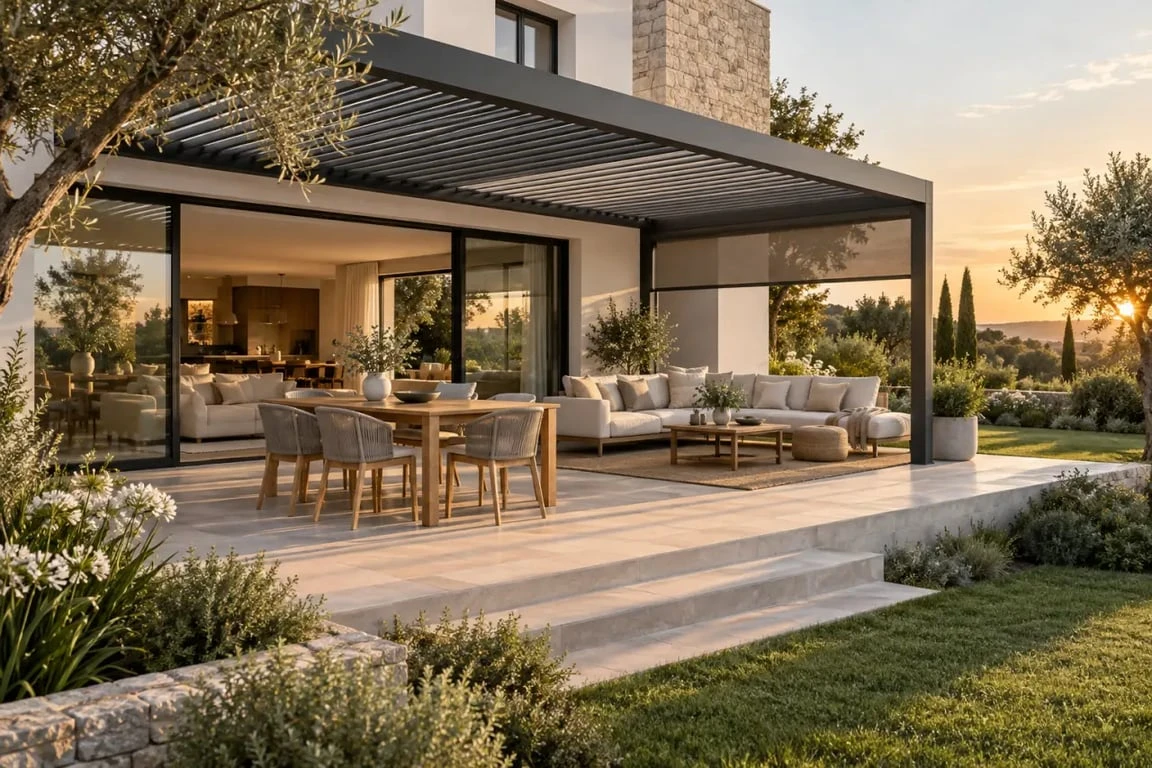 Inspiration pour aménager une terrasse couverte maison avec pergola et stores latéraux