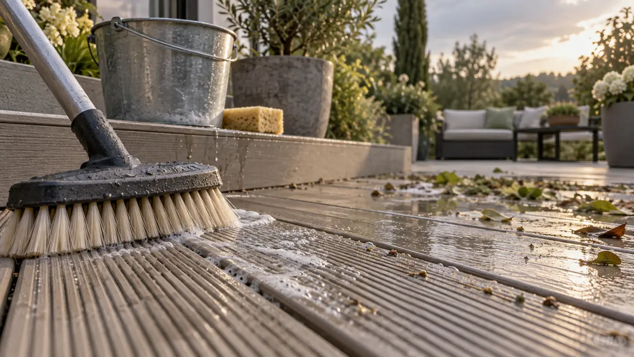 Nettoyer terrasse en composite : brosse sur lame composite gris-beige