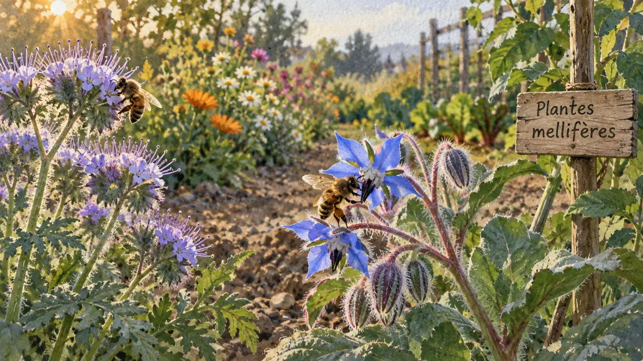 Plantes mellifere : phacélie et bourrache, abeilles butinant les fleurs