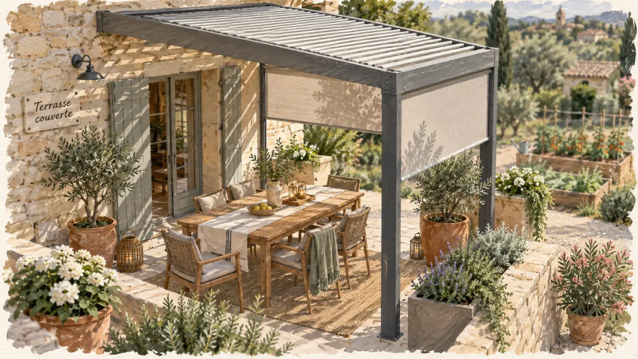 Terrasse couverte maison : pergola adossée, lames orientables et stores