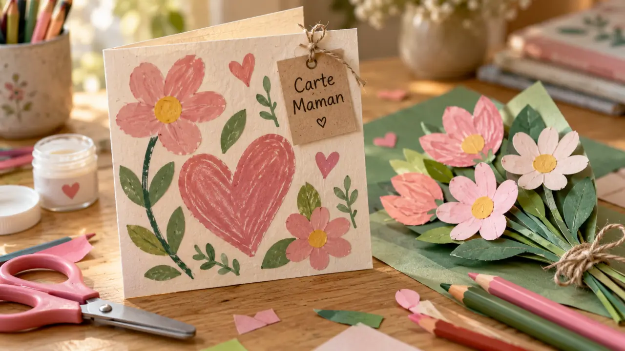 Activité manuelle pour fete des meres : carte papier carton sur table