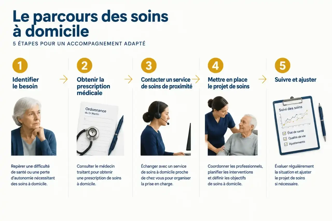 Les cinq étapes pour obtenir une prise en charge en soin et santé à domicile, de l'identification du besoin au suivi