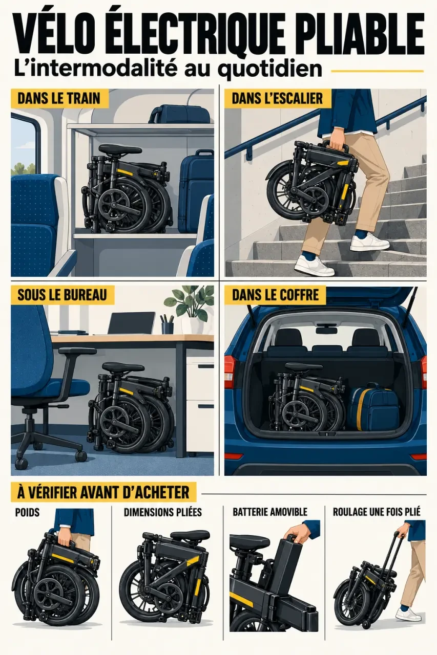 Infographie sur les usages d’un vélo électrique pliable dans le train, l’escalier, le bureau et le coffre