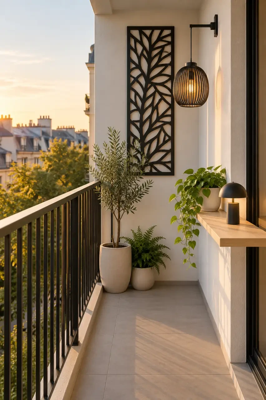 Déco jardin sur petit balcon avec panneau mural et éclairage vertical