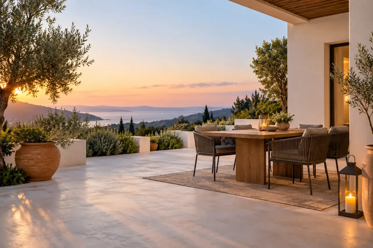 Déco jardin avec lanterne et poterie sur une terrasse aménagée