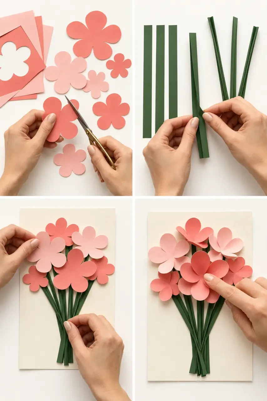 Activité manuelle pour fete des meres : étapes d’un bouquet de fleurs plates en papier