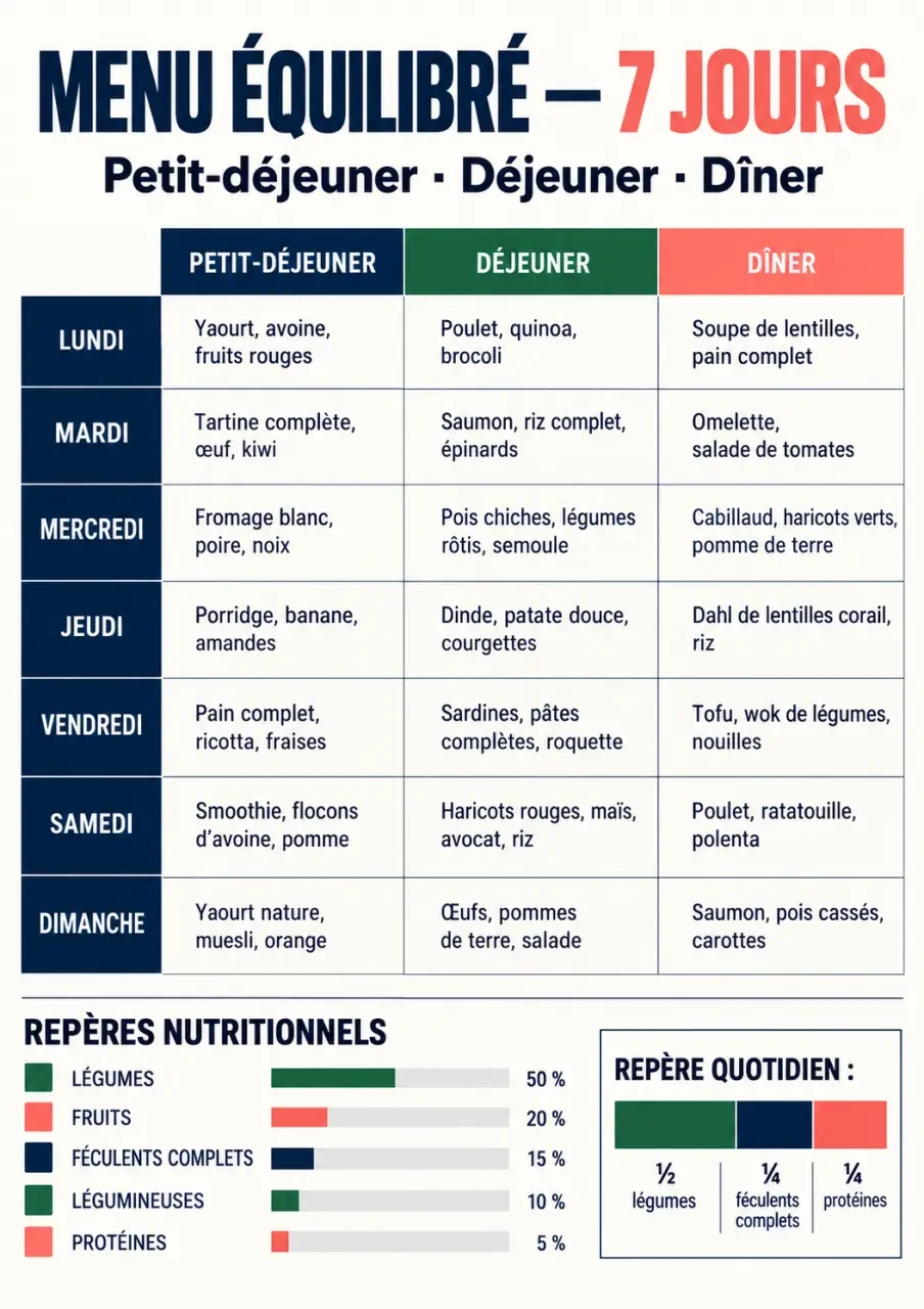 Menu de semaine équilibré présenté sous forme d’infographie avec repas variés