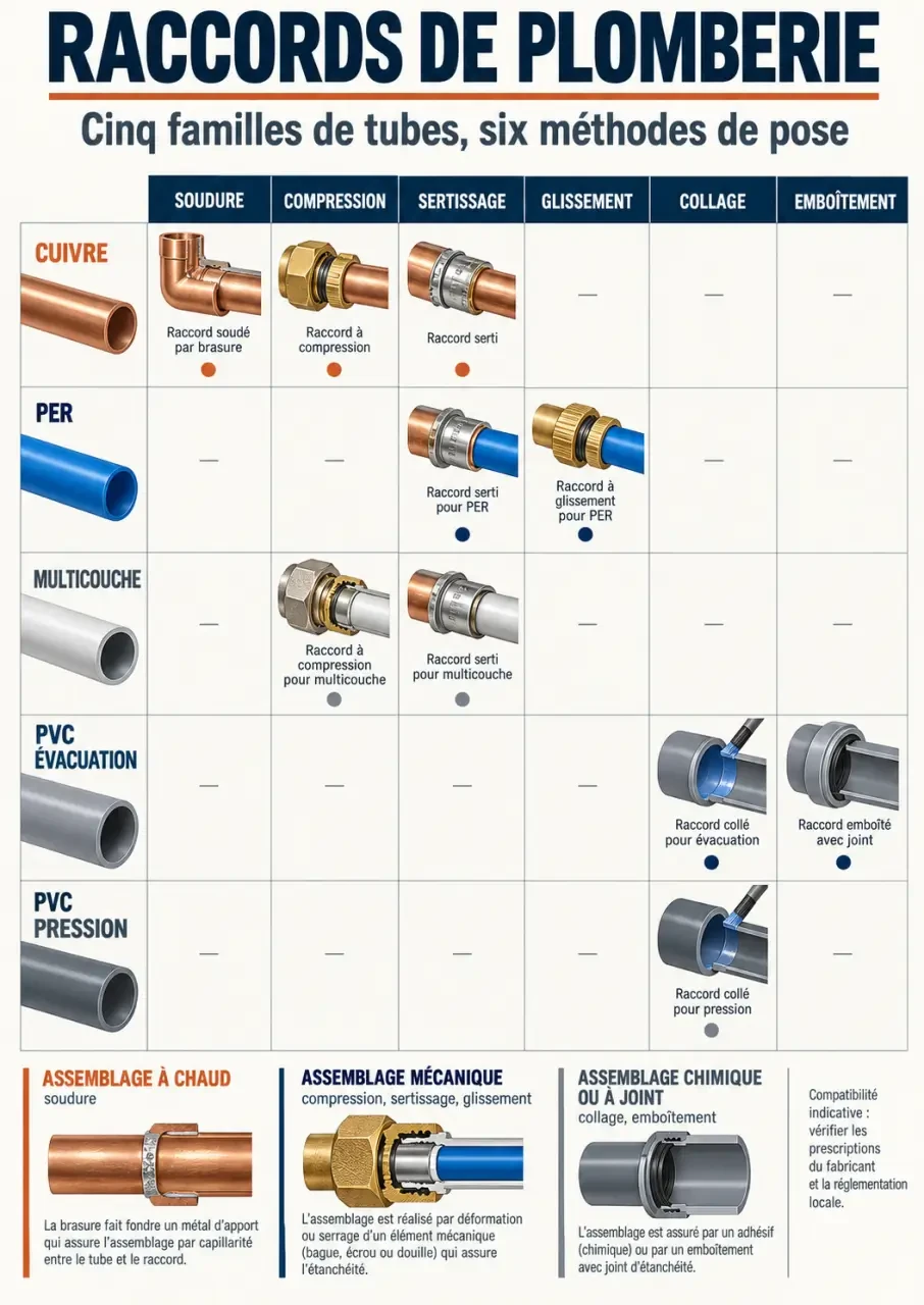 Infographie comparative des types de raccord plomberie selon le matériau du tube et la méthode de pose
