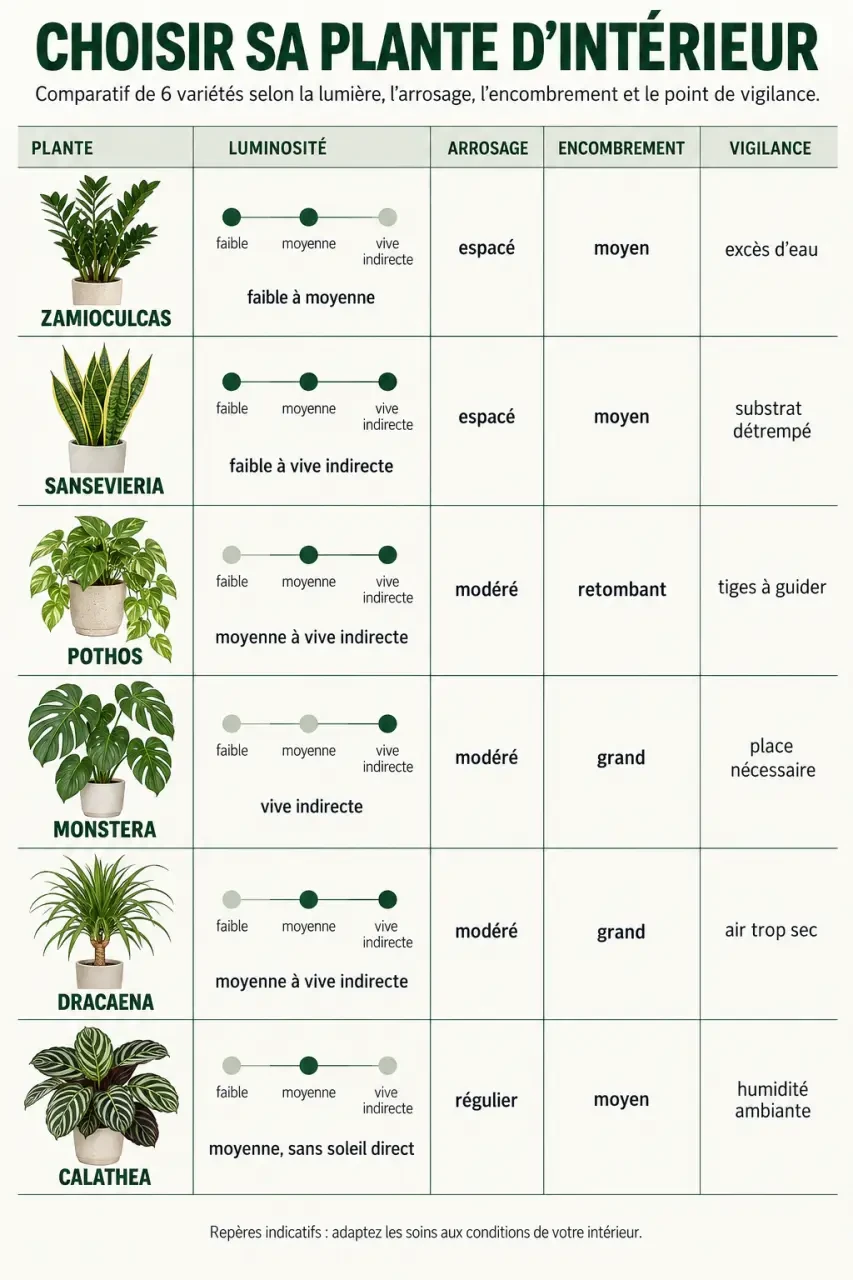 Infographie comparative de plantes vertes d’intérieur selon la lumière, l’arrosage et l’encombrement