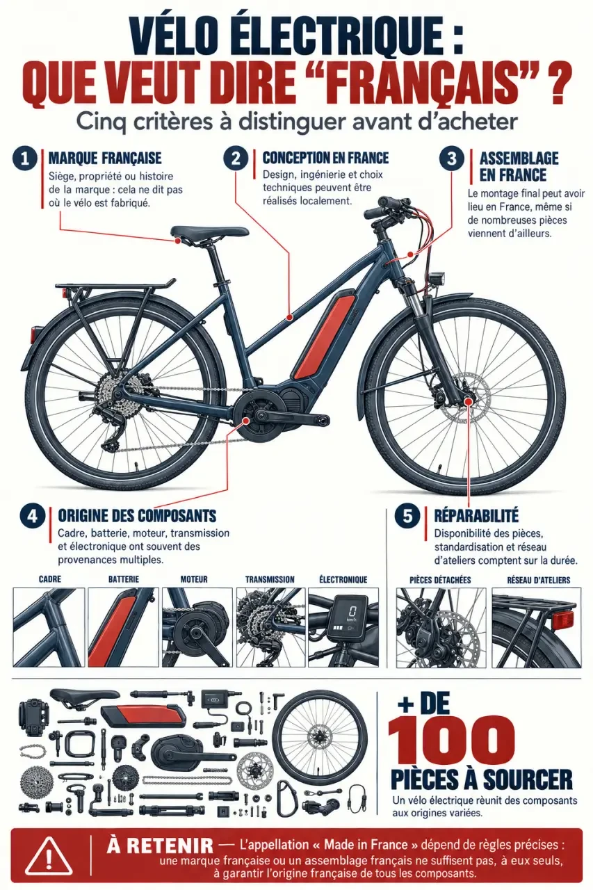 Infographie sur les critères d’origine d’un vélo électrique français et de l’assemblage en France