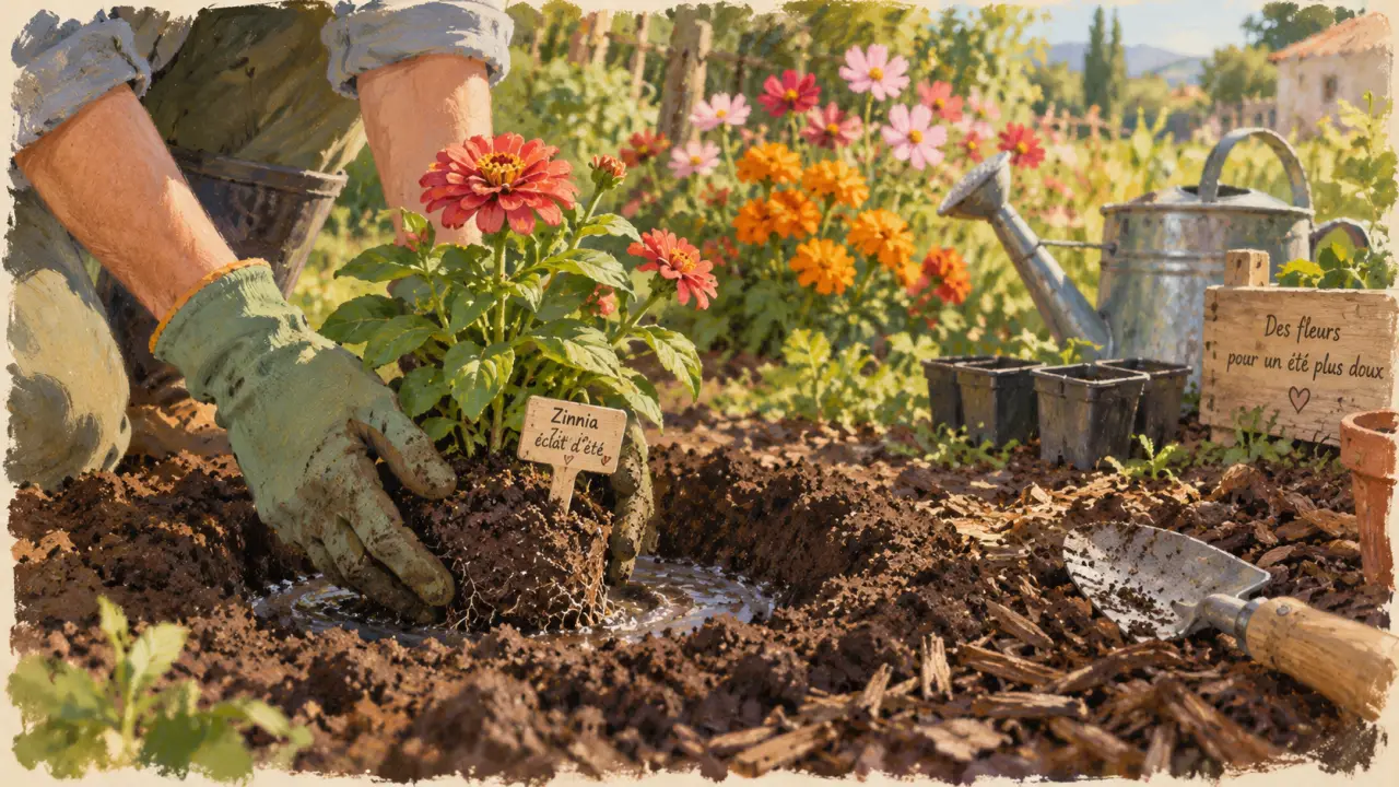 Que planter en juillet août fleurs : zinnia en pot, jardin fleuri en été