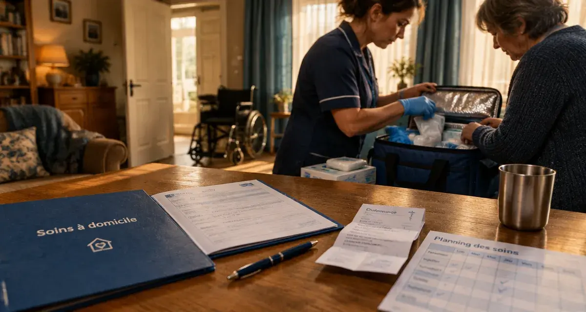 Soin et santé à domicile : infirmière et proche préparent le matériel
