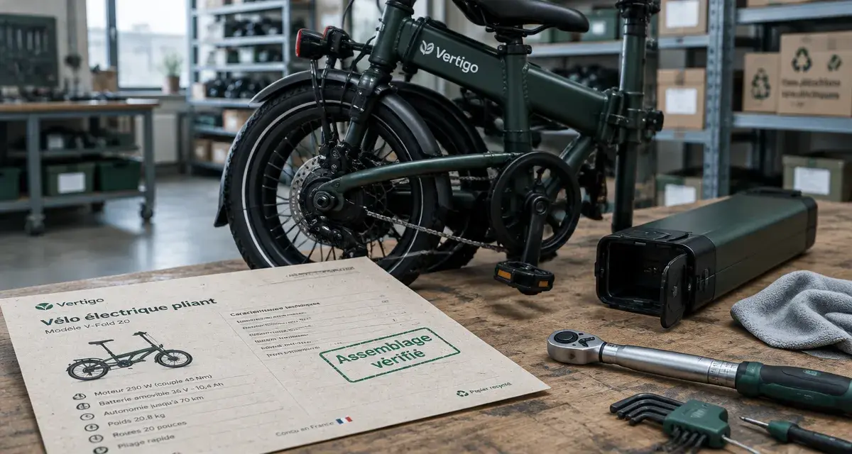 Vélo électrique français en atelier, batterie amovible ouverte sur établi