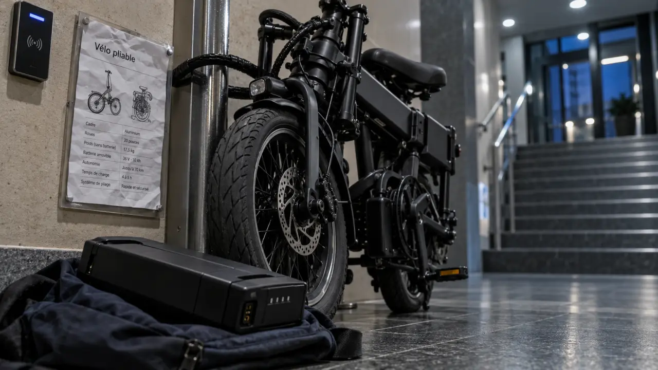 Velo electrique pliable noir, cadre replié dans hall d’immeuble